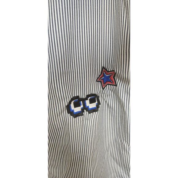 Mo & Co long sleeve blue striped button down dress with patches and beadwork - Picture 3 of 7